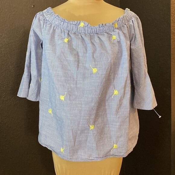 Casual collection by F & F Tops - Casual Collection by F & F blue white pinstripe embroidered off shoulder blouse